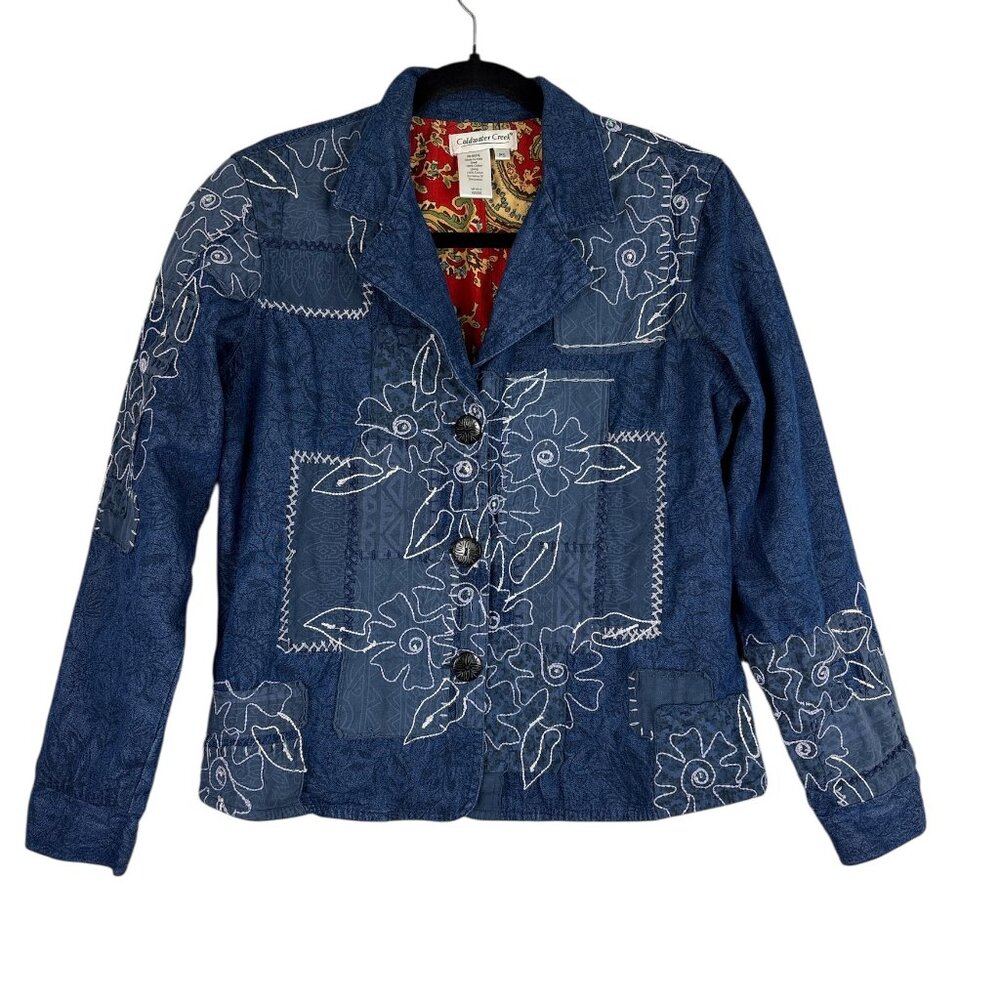 Coldwater Creek Denim Jacket Women’s PS Blue Floral Embroidered Patchwork Boho
